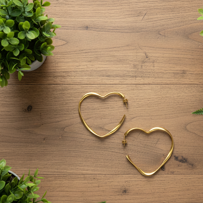 Gold plate large heart hoop earrings romantic statement jewelry on wooden surface
