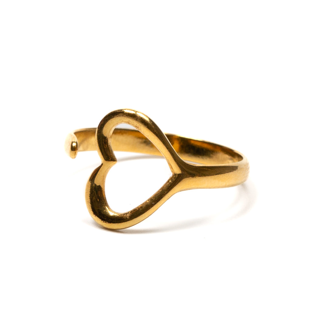 Single open heart ring in gold plate — handmade romantic artisan jewelry from Bali