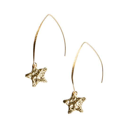 Gold plate hammered star drop earrings celestial artisan jewelry handmade in Bali