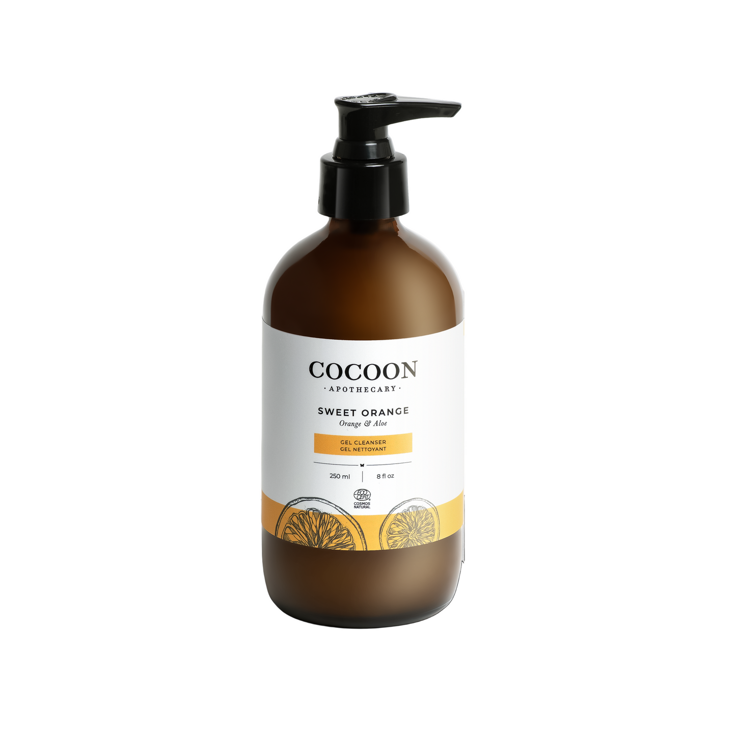 Brown bottle of Sweet Orange Gel Cleanser with pump labeled 'Cocoon' on a white background