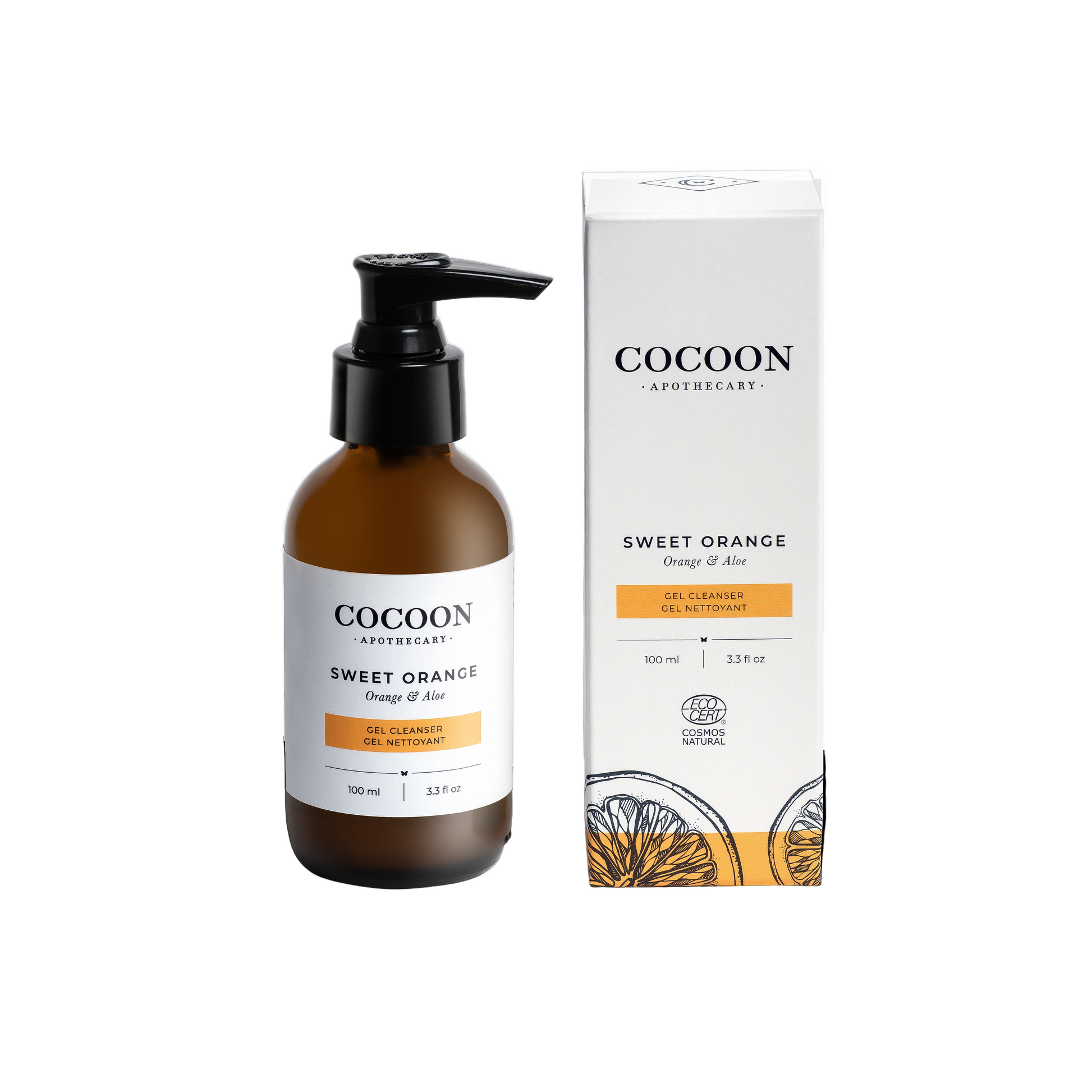 Cocoon Apothecary Sweet Orange gel cleanser bottle and packaging on a white background