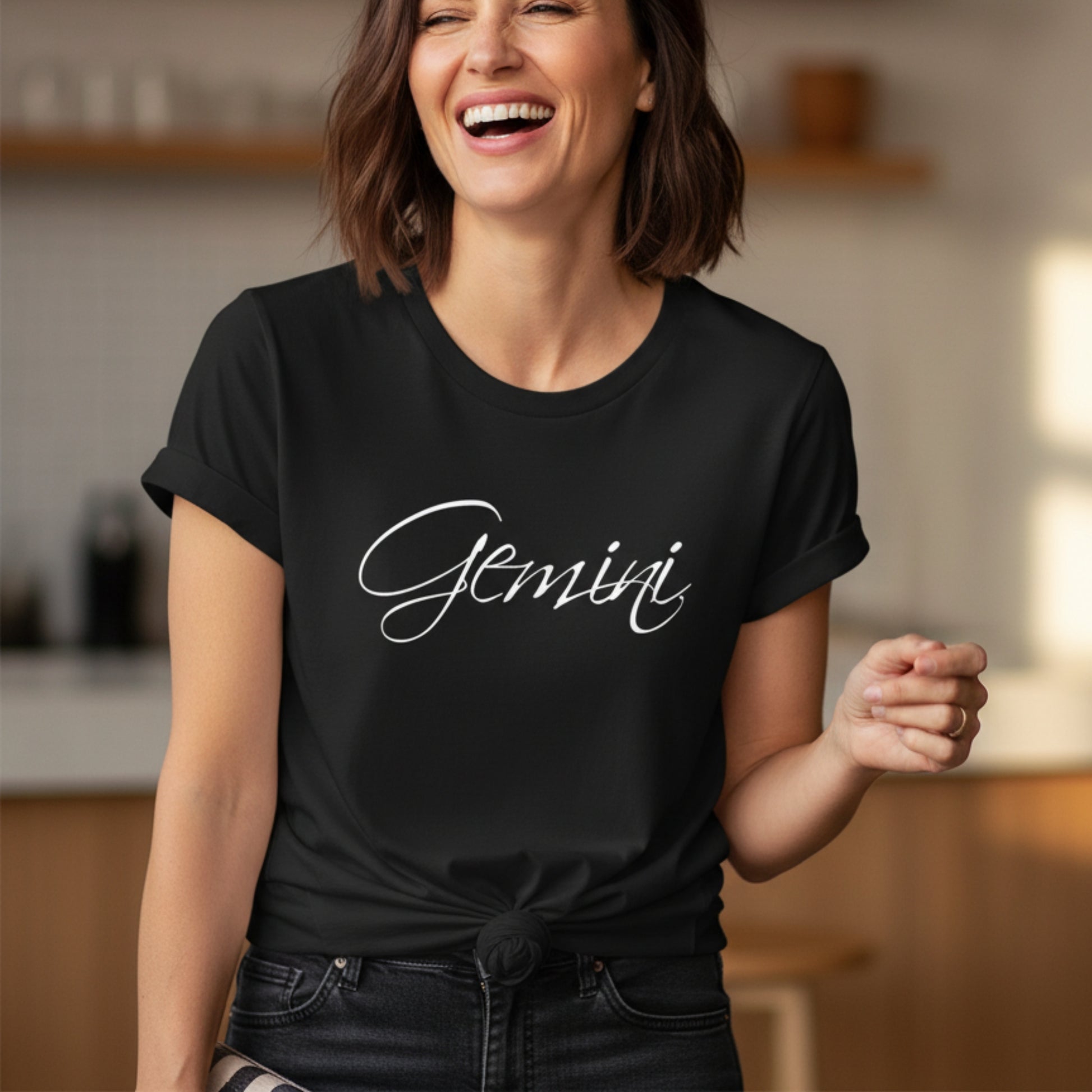 Women's Gemini air sign t-shirt — curious, witty, wonderfully complex — May June birthday gift for her