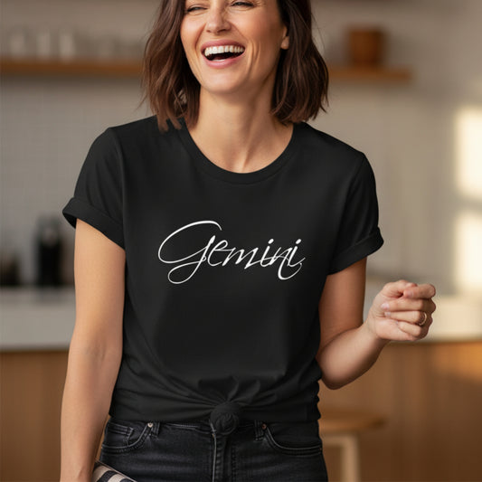 Women's Gemini air sign t-shirt — curious, witty, wonderfully complex — May June birthday gift for her