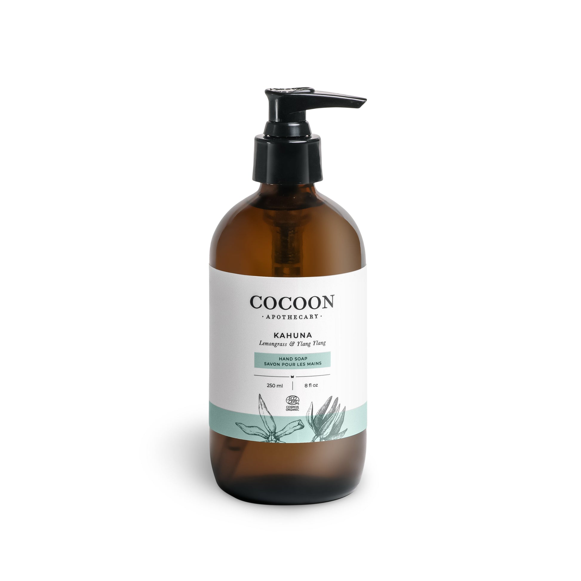Kahuna liquid hand soap by Cocoon Apothecary in glass pump bottle with shadow detail