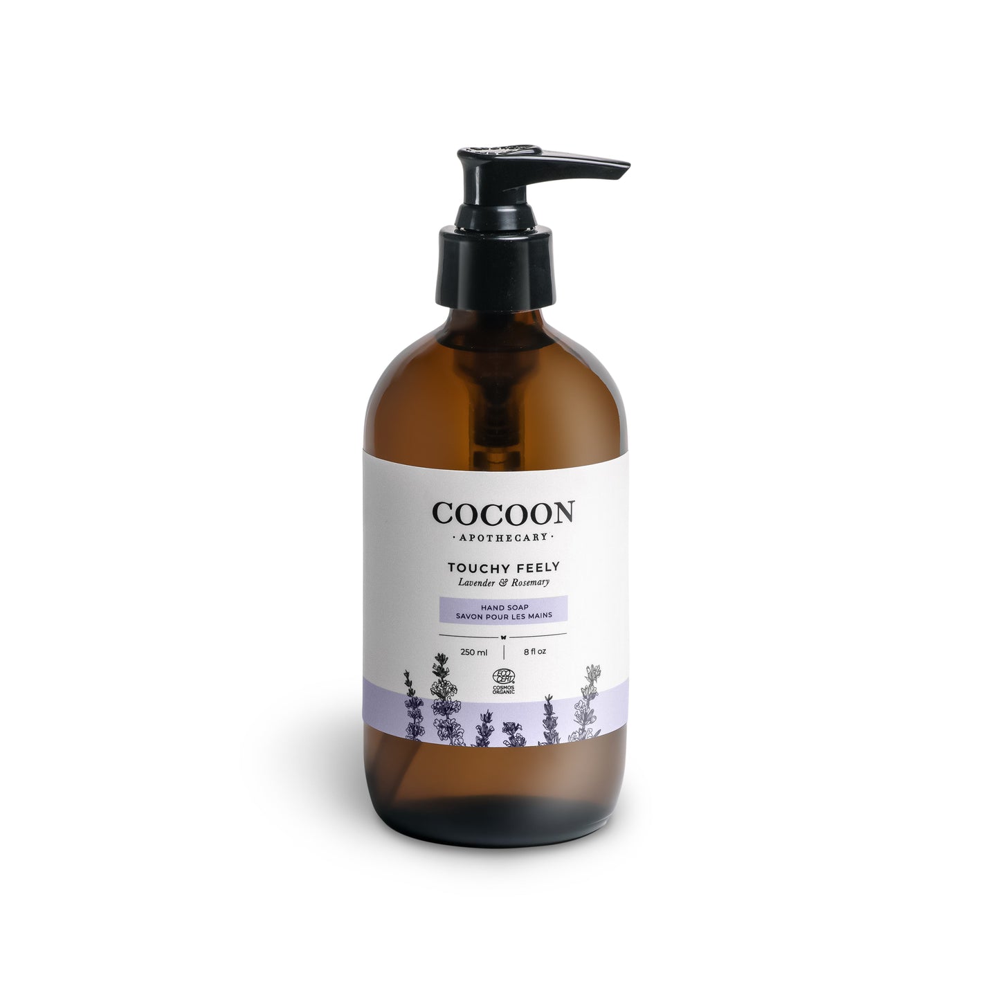 Touchy Feely liquid hand soap by Cocoon Apothecary in glass pump bottle with shadow detail