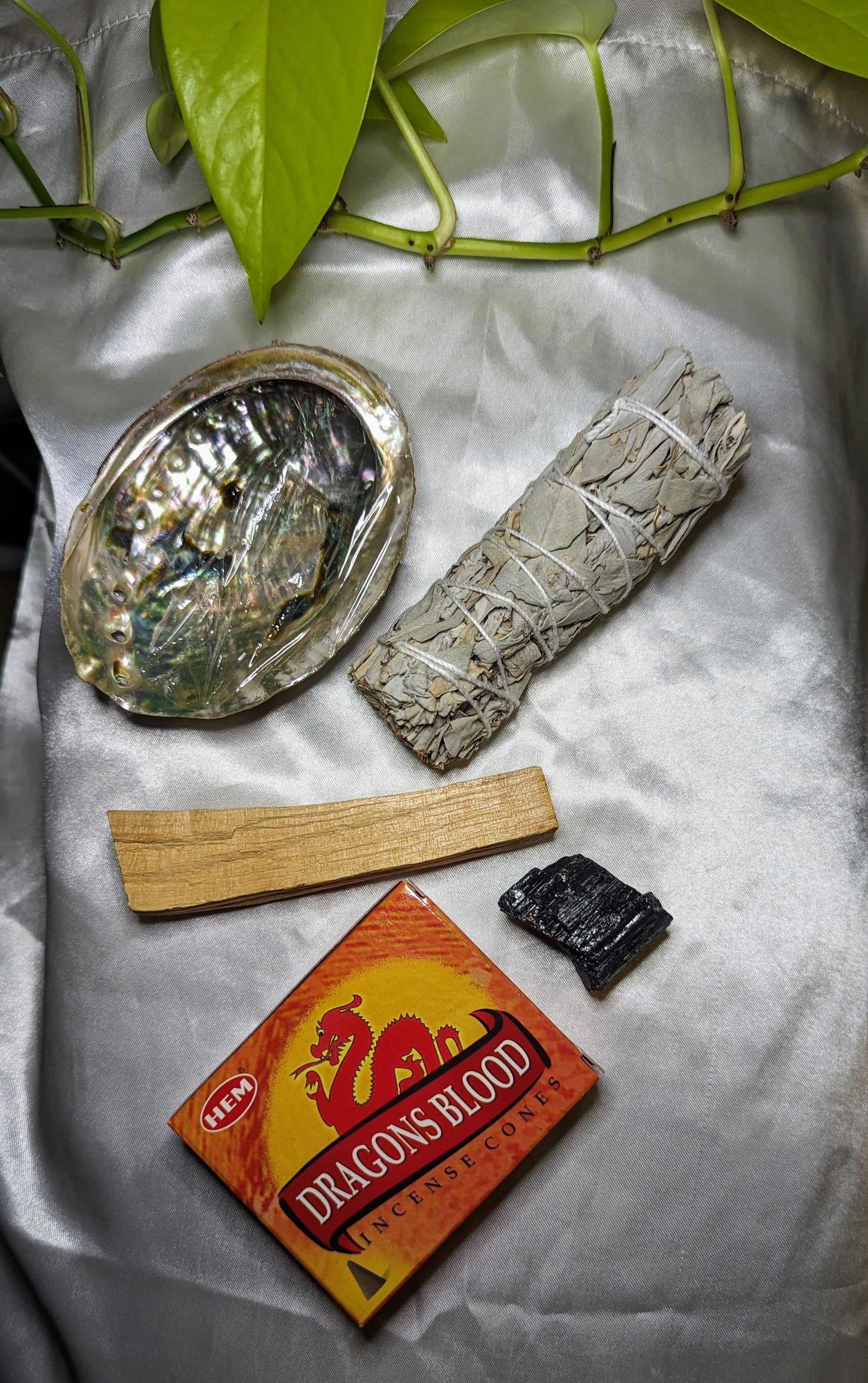 Home cleansing smudge kit close-up showing all included tools and botanicals