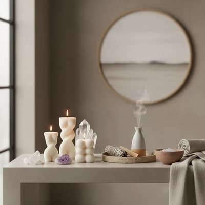 A styled interior scene showing a white table with decorative candles, a diffuser, crystals, a bowl, and a rolled textile, set against a warm neutral wall with a round mirror.