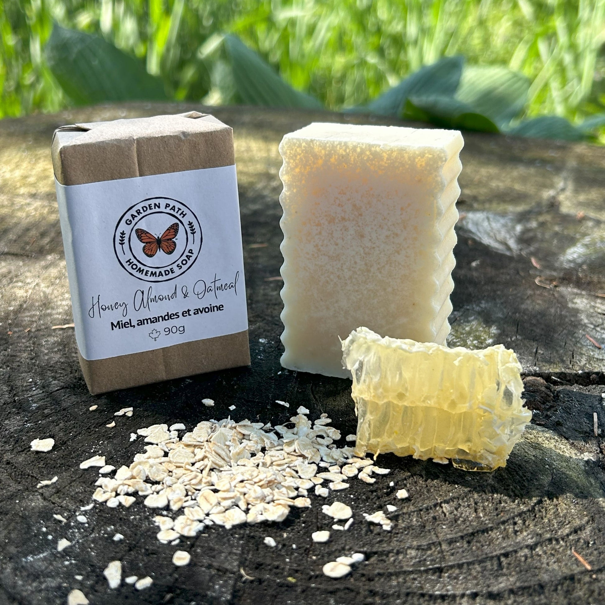 Honey almond oatmeal natural bar soap handmade in Canada — cold process soap with raw honeycomb and oats, bestselling scent, 90g