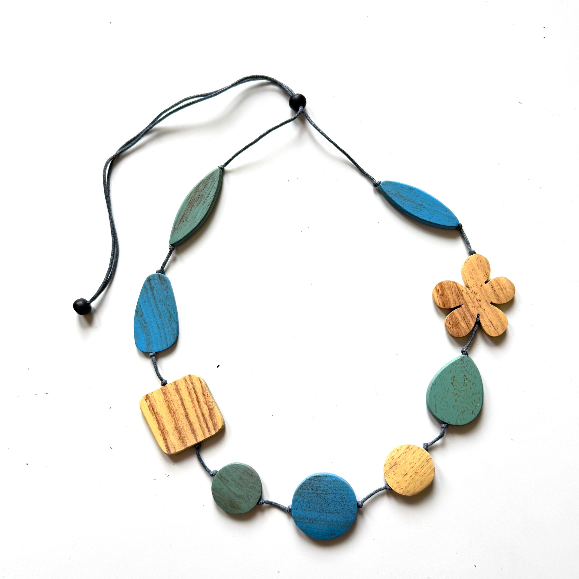 Handmade mixed shape floral necklace boho statement jewelry blue green cream