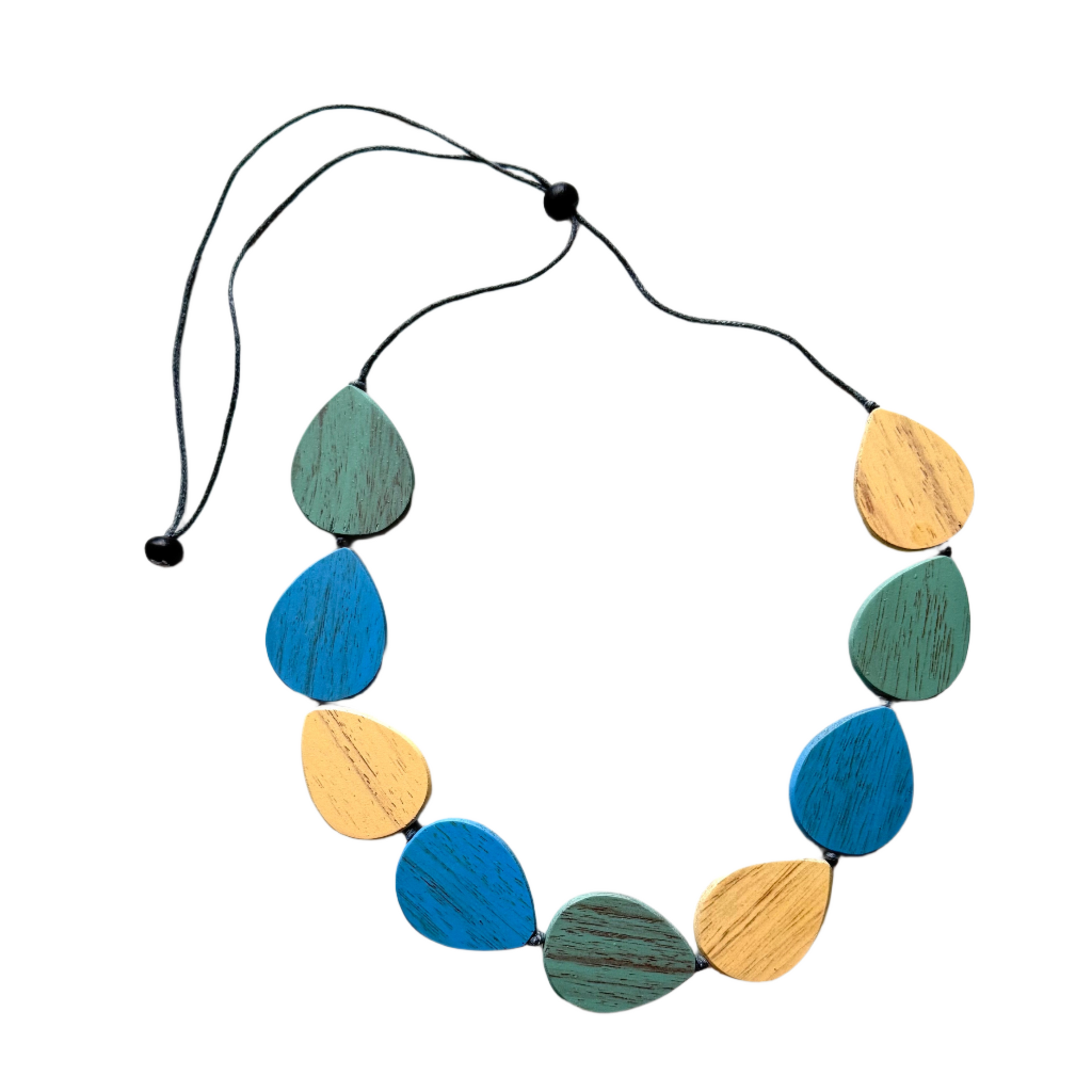 Wooden pebble necklace green yellow blue Bali handmade boho