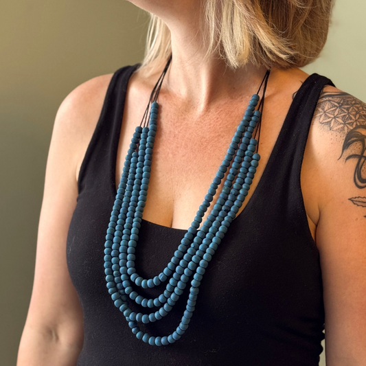 Multi strand bead necklace Bali handmade boho jewelry blue