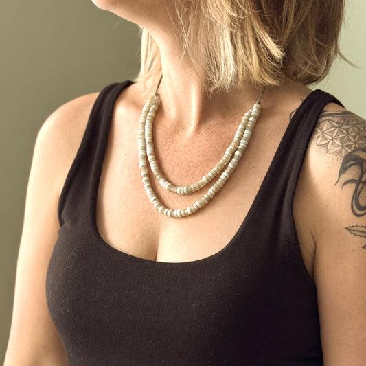 Double strand recycled glass bead necklace Bali handmade jewelry white