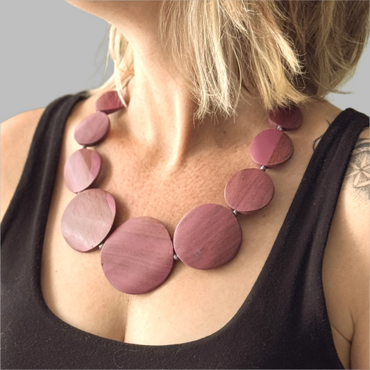 Wooden flat disk necklace Bali handmade boho artisan jewelry purple
