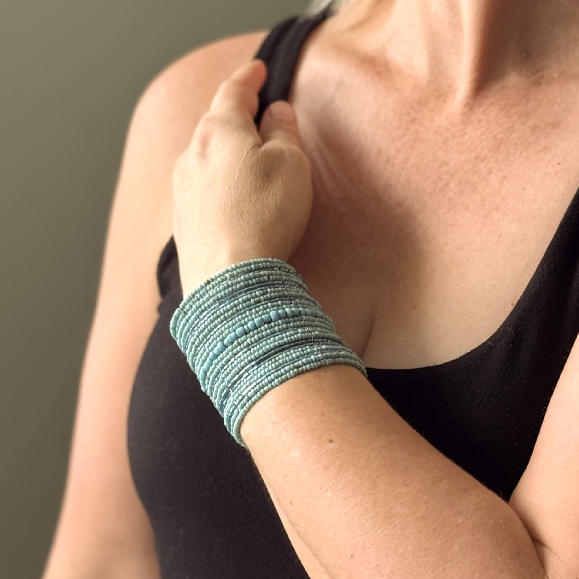 Mixed beaded cuff bracelet Bali handmade boho jewelry in turquoise