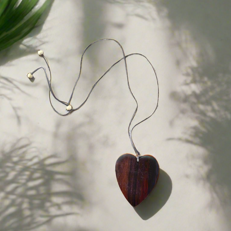 Simple wood heart charm necklace handmade artisan red wood
