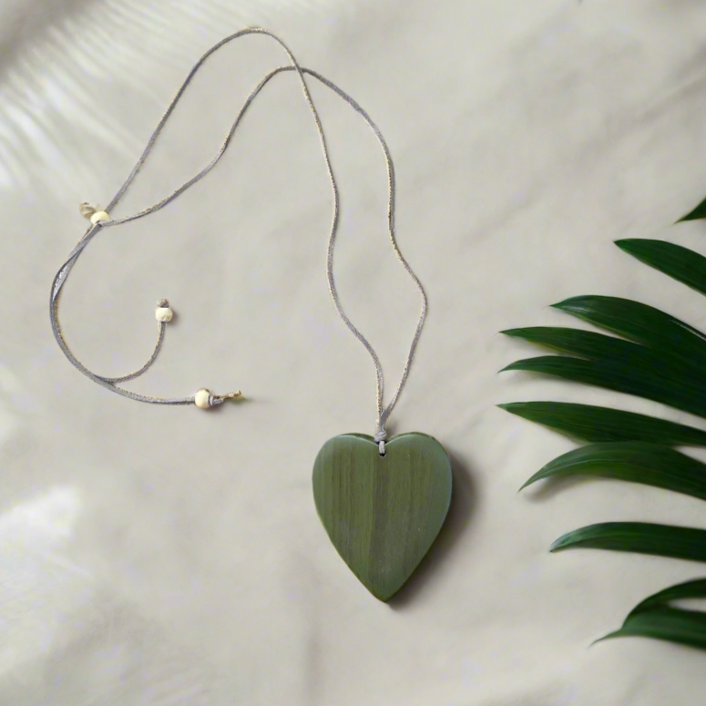 Handmade wooden heart necklace romantic boho jewelry green