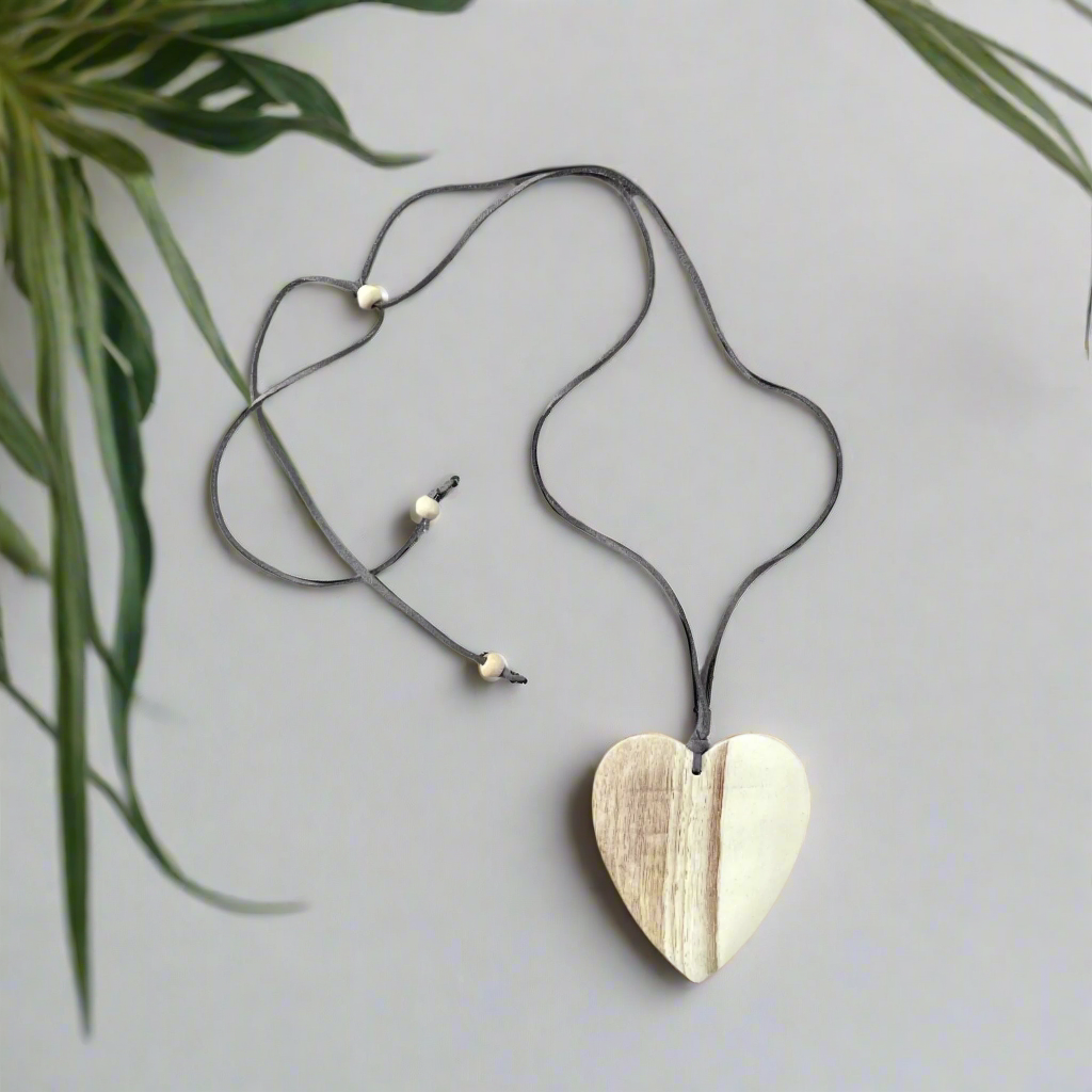 Natural wooden heart necklace gift idea artisan jewelry white