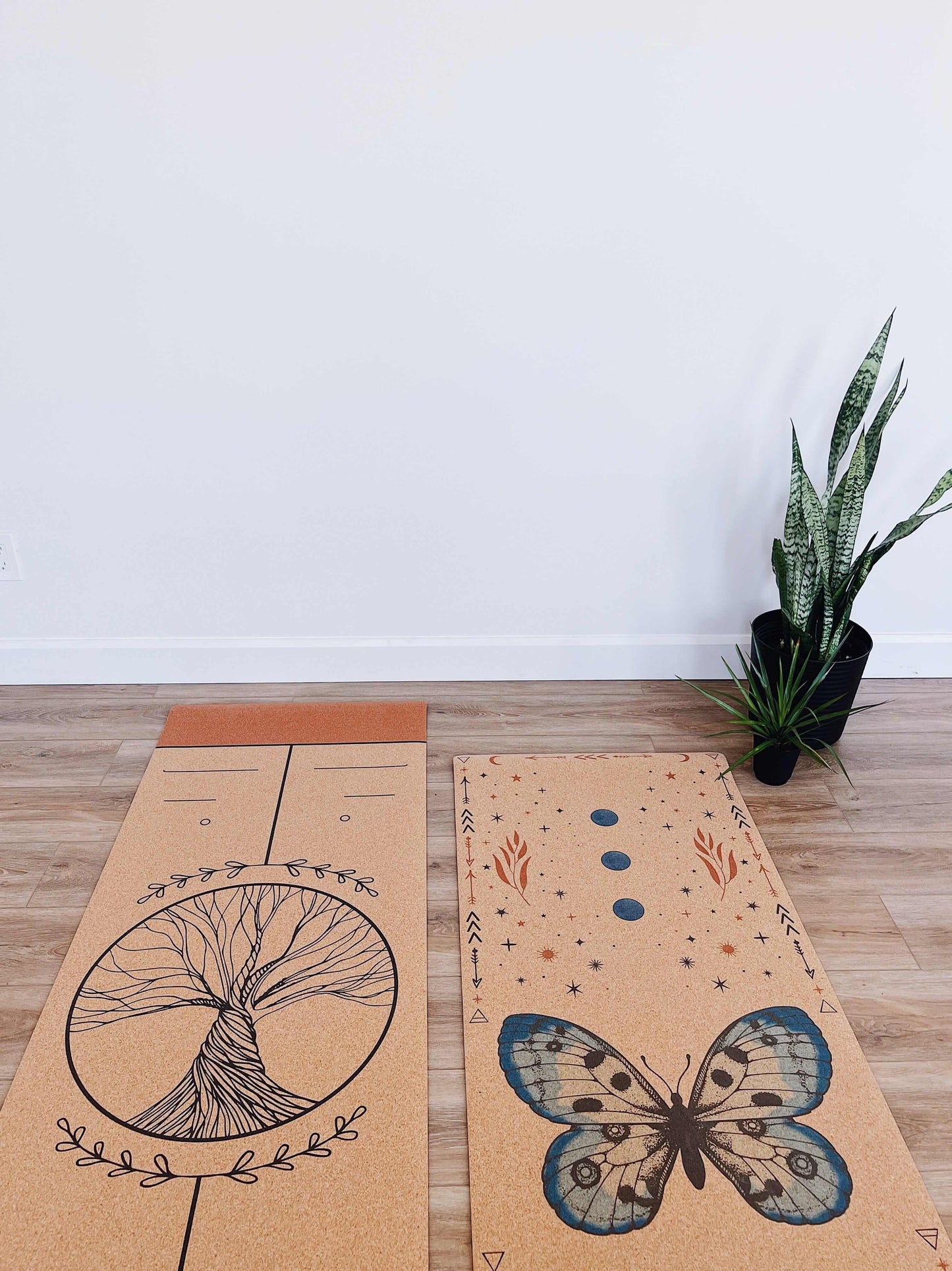 extra thick cork yoga mat  beside a regular cork yoga mat