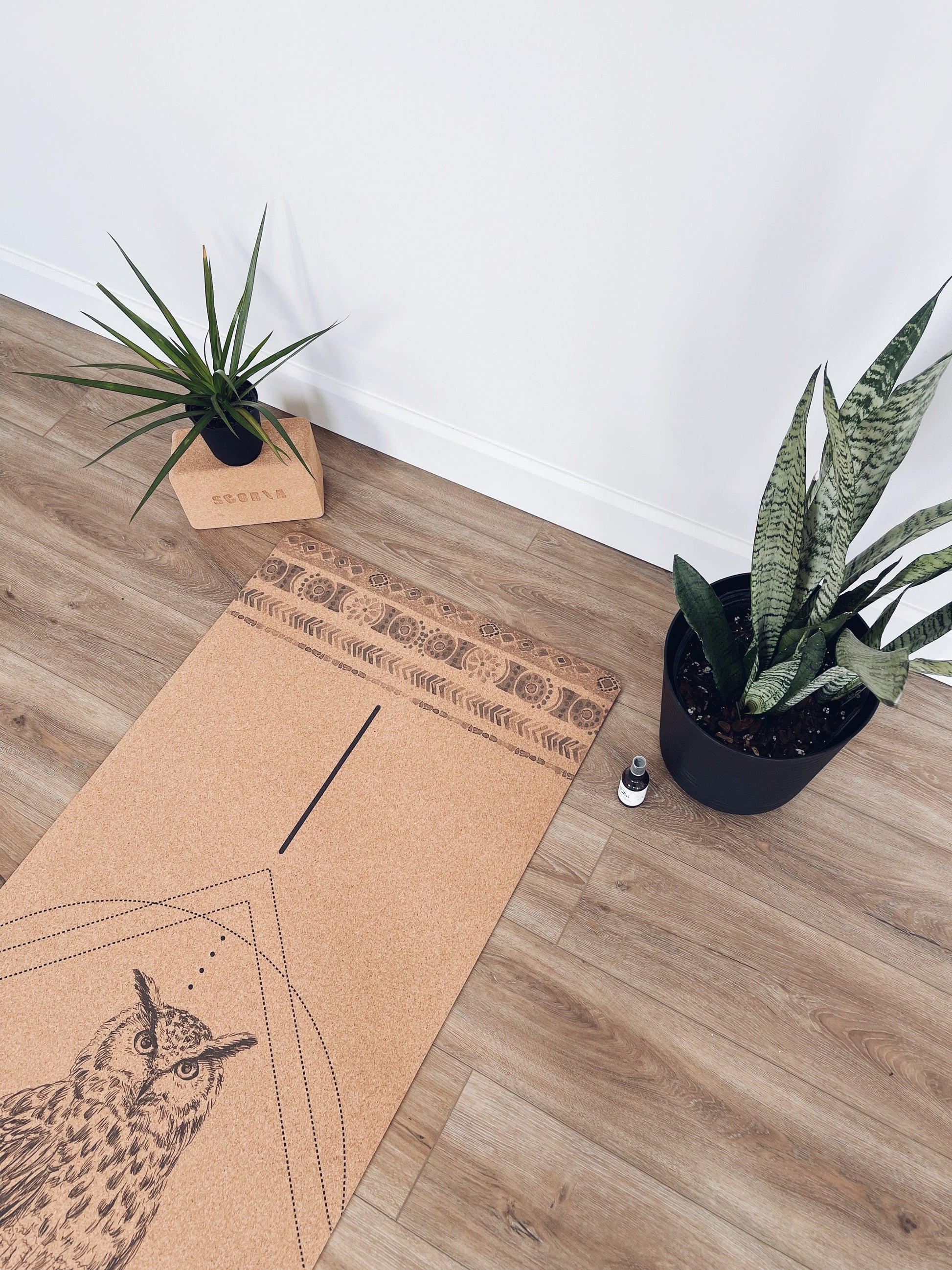 cork yoga mat with owl design