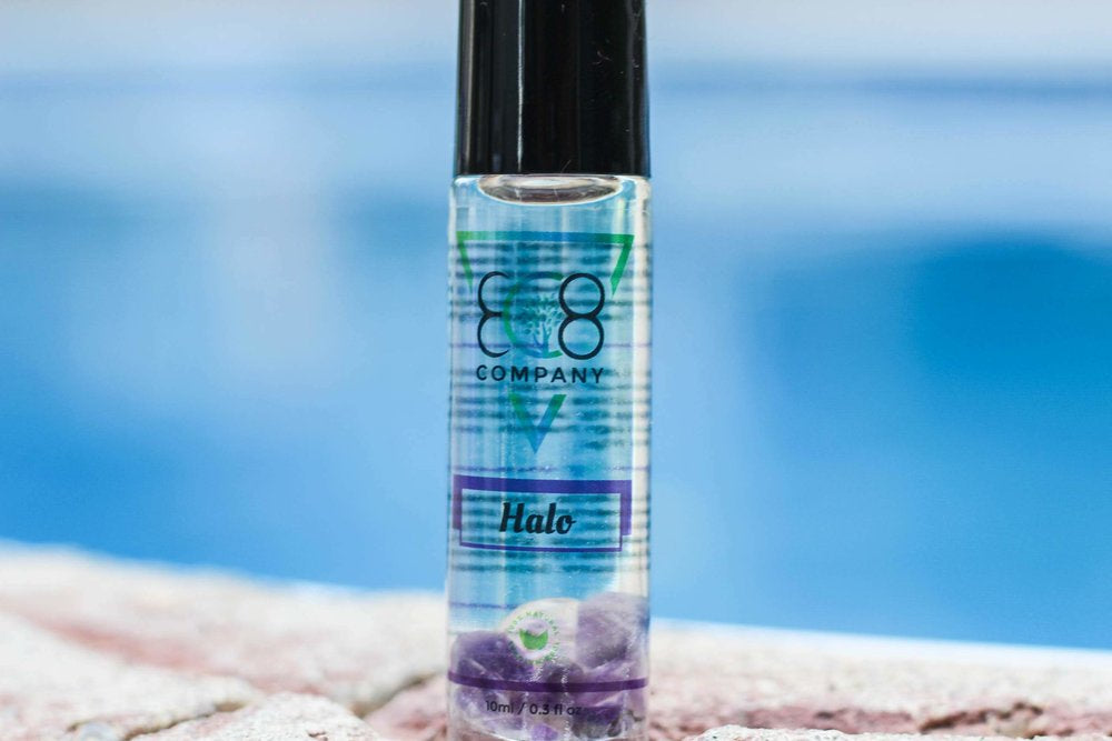 Halo gemstone roller close-up showing crystal roller and bottle detail