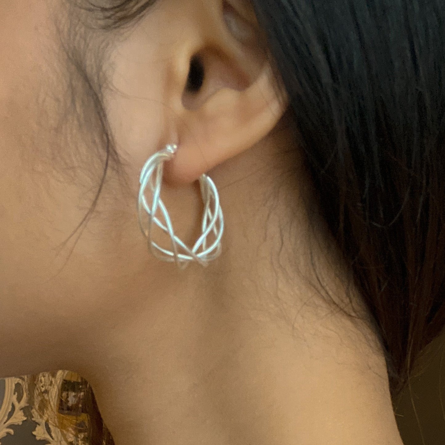 Silver plate twist drop earrings minimalist artisan jewelry in womans ear