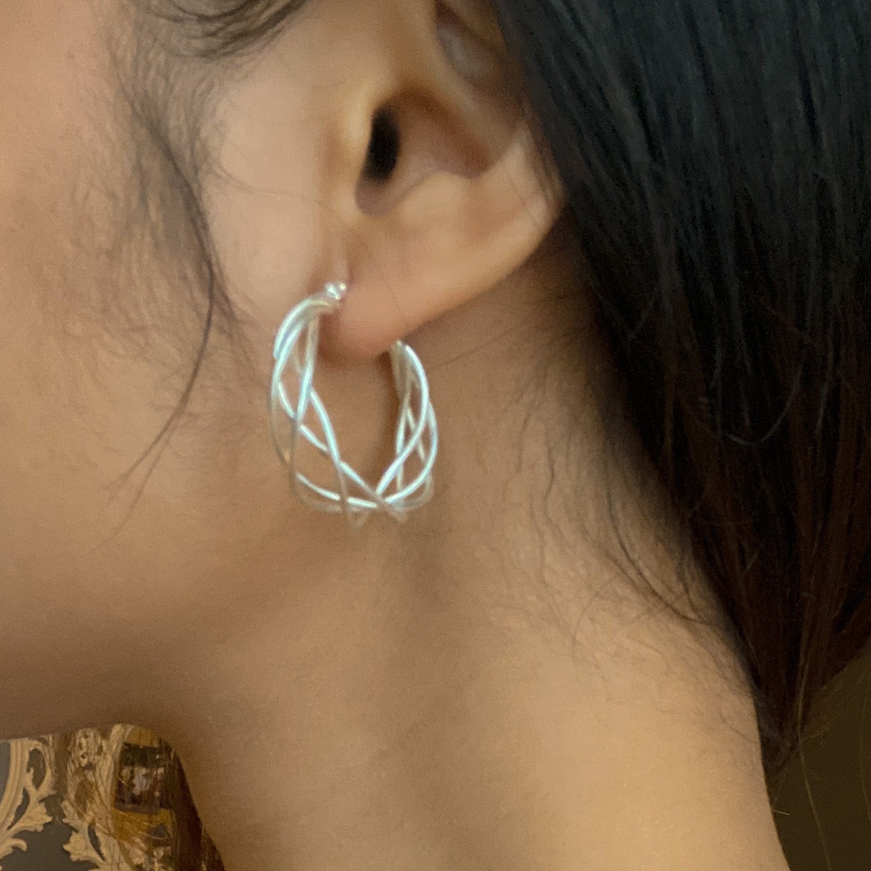 Silver plate twist drop earrings minimalist artisan jewelry in womans ear