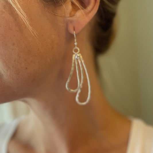 Silver double teardrop metal drop earrings in woman's ear elegant dangle jewelry