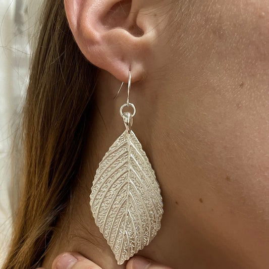 Silver plate large leaf drop earrings boho artisan jewelry handmade in Bali