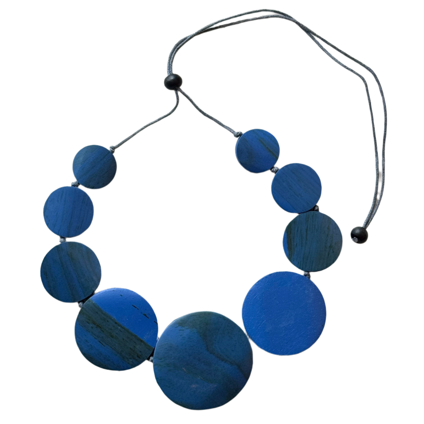 Artisan wood disc necklace Bali minimalist style royal blue