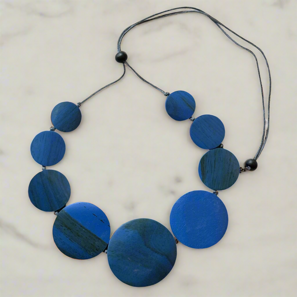 Handmade wooden flat disk necklace earthy boho jewelry blue