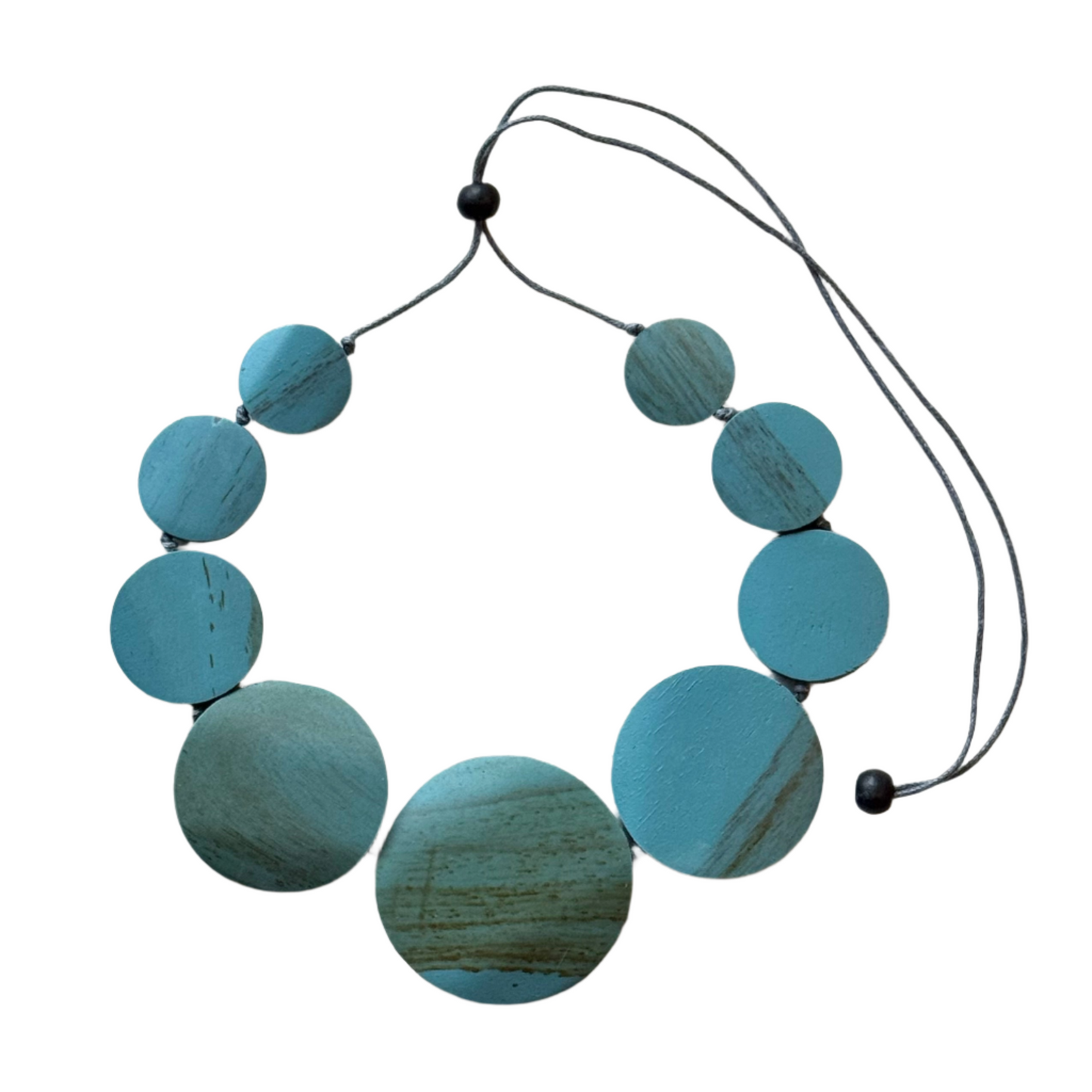 Lightweight wood flat disc necklace handmade artisan Bali turquoise