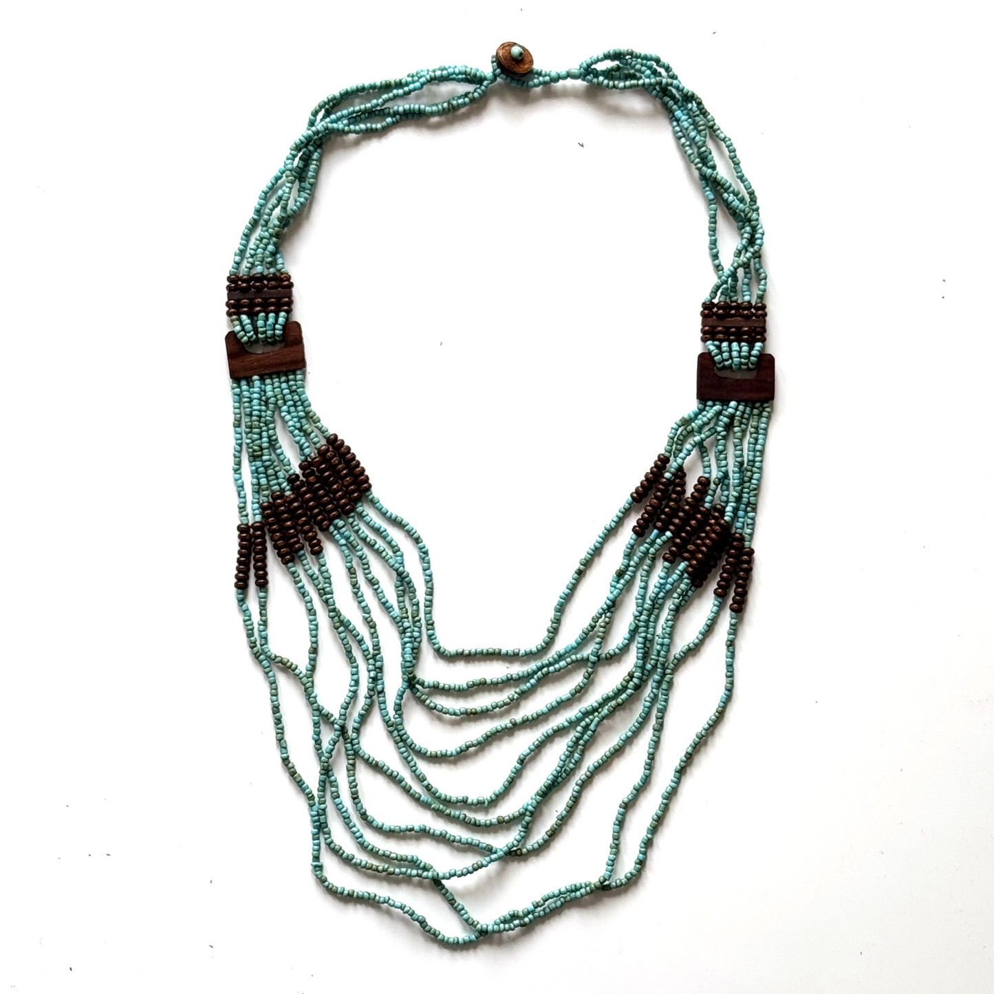 Layered wood ring pendant necklace bohemian artisan jewelry blue and brown