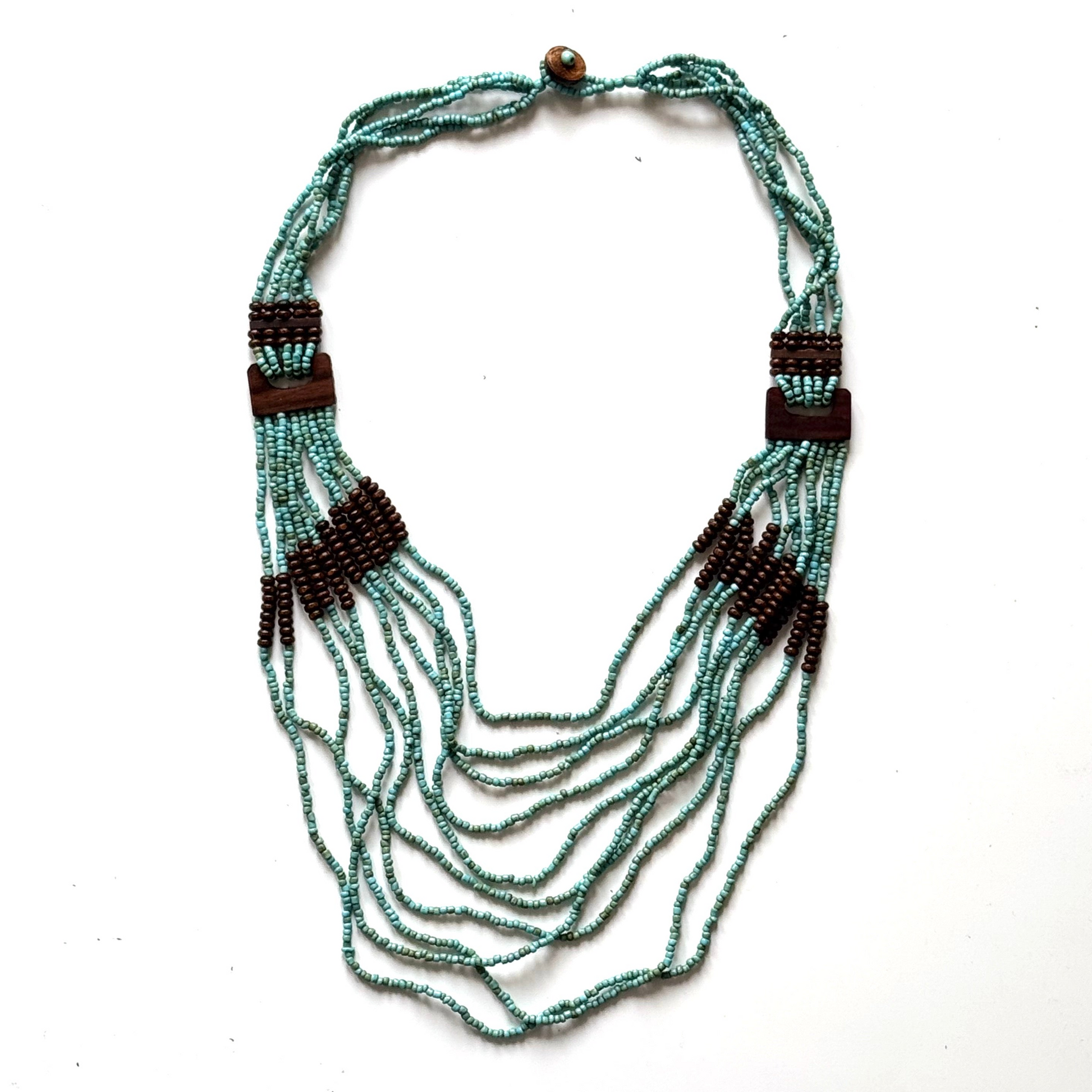 Layered wood ring pendant necklace bohemian artisan jewelry blue and brown