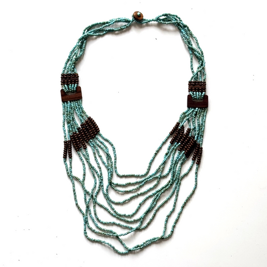Layered wood ring pendant necklace bohemian artisan jewelry blue and brown