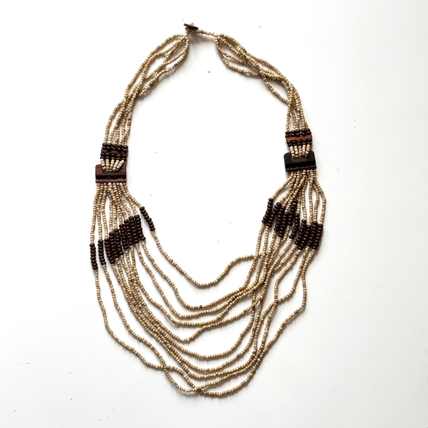 Handmade multi strand wooden ring necklace boho style beige and brown