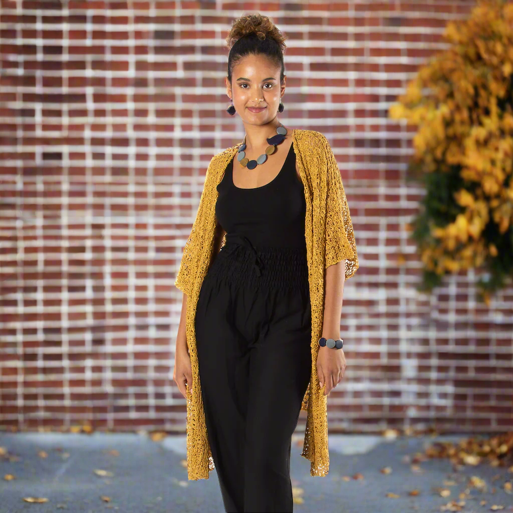Yellow mustard popcorn knit kimono styled