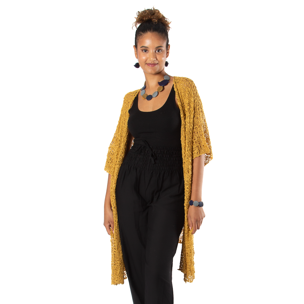 Mustard popcorn knit kimono open front women's layering piece