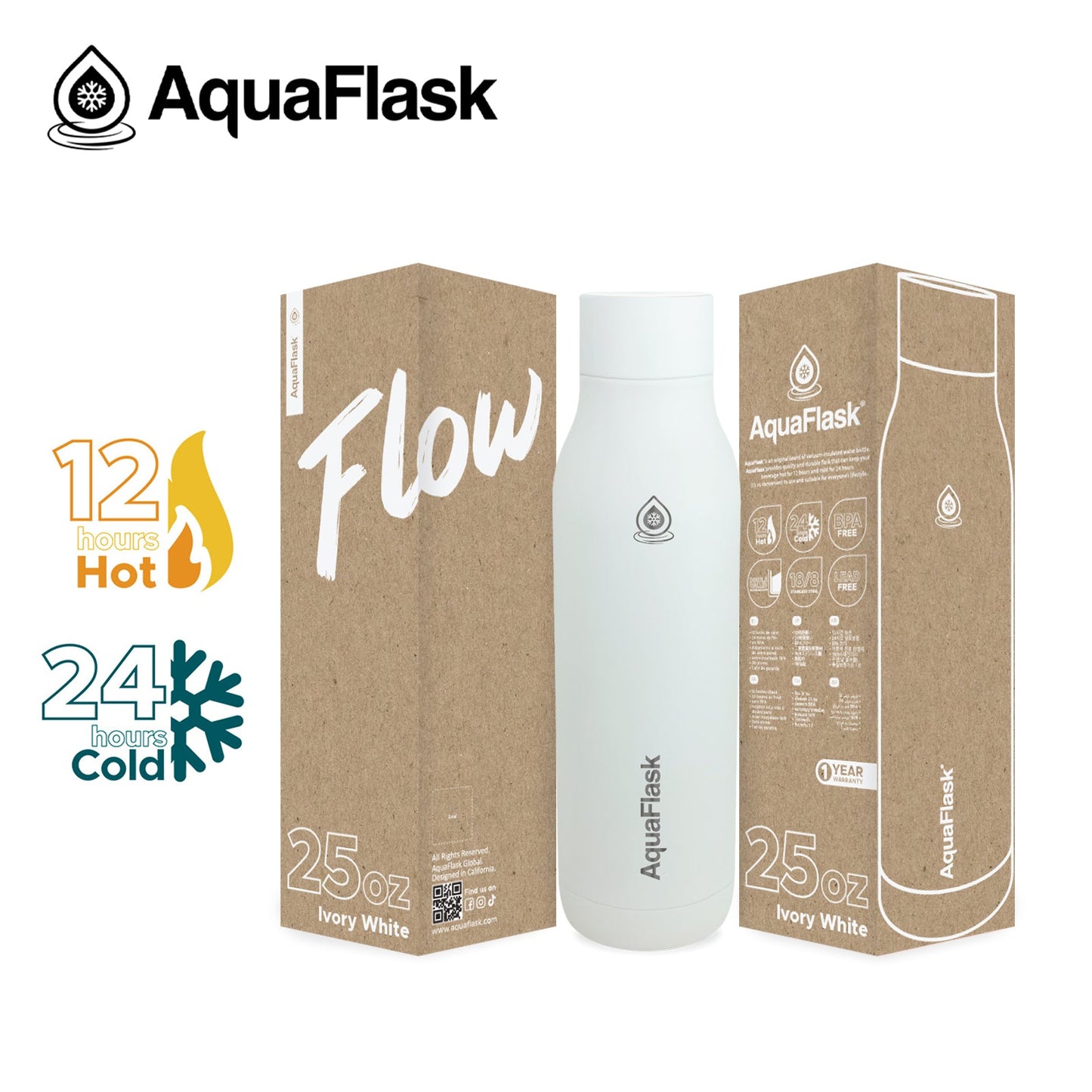 white AquaFlask FLOW 739ml keeping drinks cold 24 hours and hot 12 hours