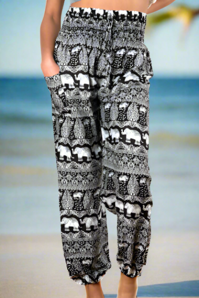 Elephant print Bali pants black white open waist beach festival wear