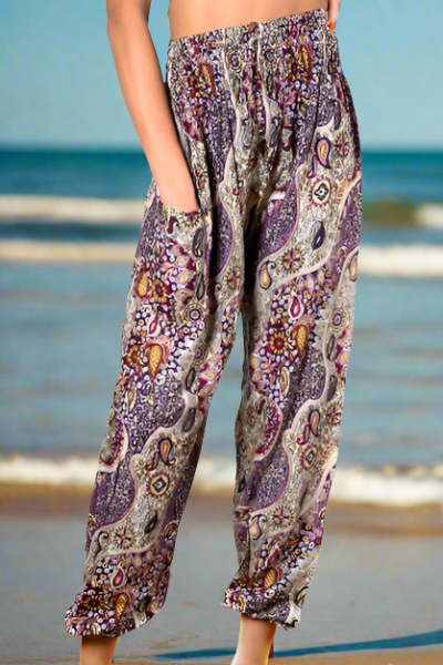Handmade purple paisley print Bali pants fabric texture close up