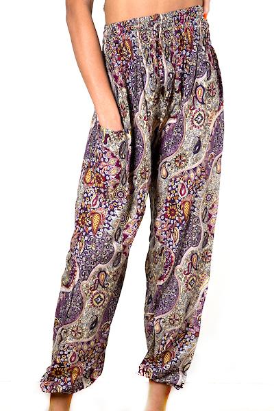 Purple paisley print Bali pants handmade boho women's trousers
