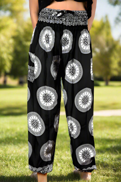 Handmade black white circle print Bali pants fabric texture close up