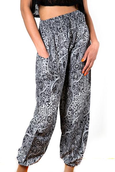Handmade black white paisley Bali pants fabric texture close up