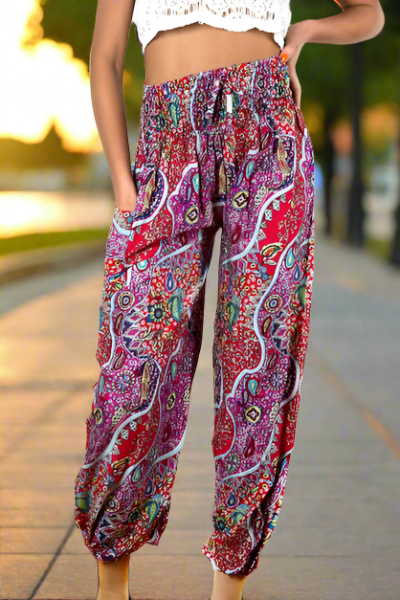 Red and pink paisley print Bali pants handmade boho women's trousers