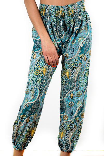 Blue and gold print Bali pants handmade boho women's trousers
