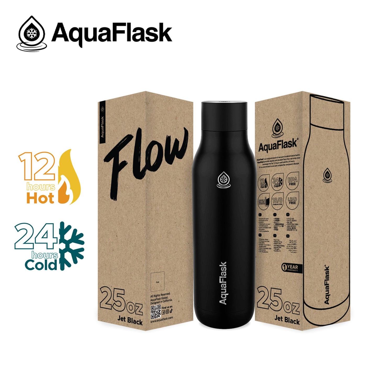 black Leak-proof AquaFlask FLOW 25oz bottle for gym, hiking and daily hydration