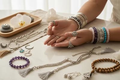 Person wearing various bracelets and rings with jewelry on a table.