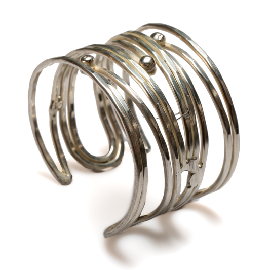 Silver multi swirl and ball metal cuff bracelet Bali handmade