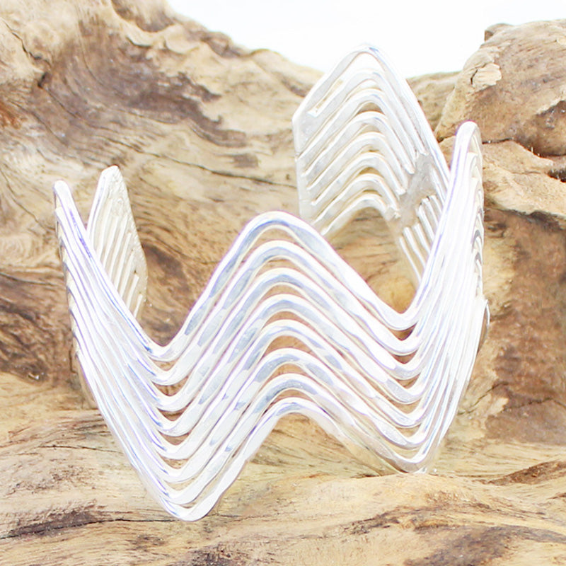 Wavy silver multi strand cuff bracelet artisan jewelry