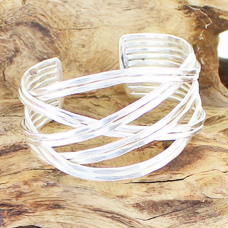 Silver braided metal cuff bracelet boho artisan jewelry